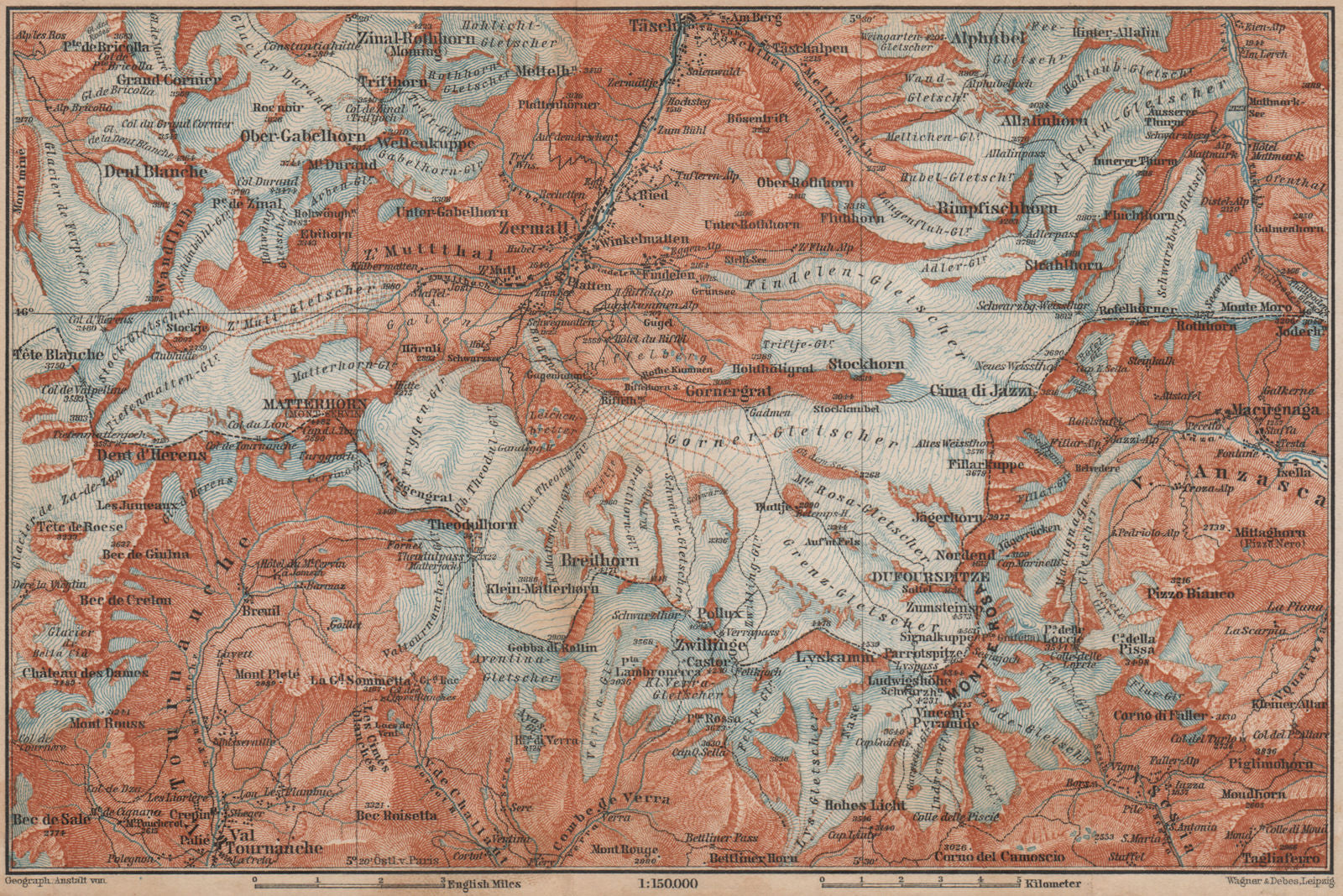 ZERMATT ENVIRONS. Breuil-Cervinia Matterhorn Tournanche Monte Rosa 1893 map
